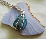 Natural Blue Apatite Crystal Wire Wrapped Pendant Necklace