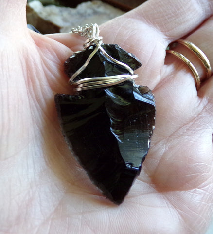 Black Obsidian Arrowhead Necklace Handcrafted Wire Wrapped 
