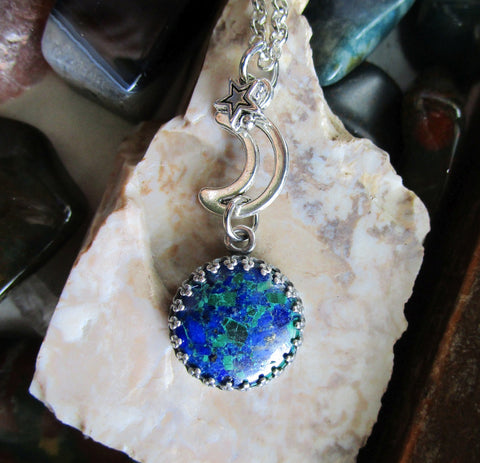Azurite and Malachite Gemstone Crystal Celestial Pendant Necklace