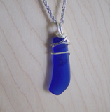 Cobalt Blue Wire Wrapped Natural Beach Glass Pendant Necklace