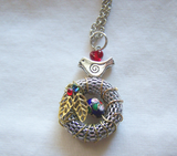 Silver Bird's Nest Cloisonne Egg Red Heart Wreath Pendant
