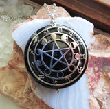 Black Onyx Scrying Glass with Silver Star Pentacle Zodiac Pendant Necklace