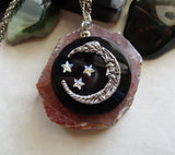 Man in the Moon Black Onyx Stone Disc Pendant Necklace