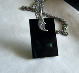 Polished Black Onyx Scrying Glass Silver Moon Pendant