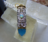 Aqua Blue Crystal Bullet Silver Filigree Pendant Necklace
