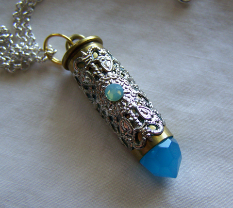 Aqua Blue Crystal Bullet Silver Filigree Pendant Necklace