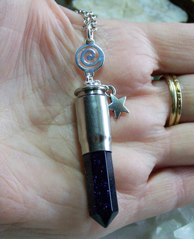 Blue Night Stars Silver Spiral Bullet Pendant Necklace