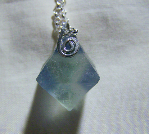 Blue Fluorite Crystal Octahedron Silver Necklace