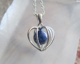 Silver Heart Cage Lapis Lazuli Crystal Sphere Pendant Necklace