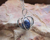 Silver Heart Cage Lapis Lazuli Crystal Sphere Pendant Necklace