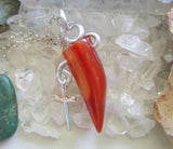 Orange Carnelian Horn Wire Wrapped Silver Dagger Pendant Necklace