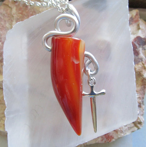 Orange Carnelian Horn Wire Wrapped Silver Dagger Pendant Necklace