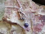 Silver Cat Purple Amethyst Crystal Ball Pendant Necklace