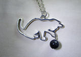 Silver Cat with Blue Night Stars Crystal Ball Pendant Necklace