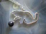 Silver Cat with Blue Night Stars Crystal Ball Pendant Necklace