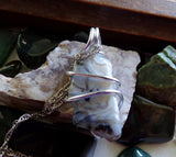 Natural Lace Agate Chalcedony Wire Wrapped Pendant Necklace