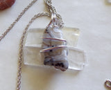 Natural Lace Agate Chalcedony Wire Wrapped Pendant Necklace