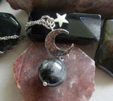 Chrysoberyl Cat's Eye Black Gemstone Sphere Moon and Star Pendant Necklace
