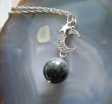 Chrysoberyl Cat's Eye Black Gemstone Sphere Moon and Star Pendant Necklace