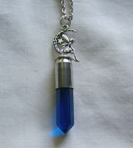 London Blue Glass Bullet with Moon Fairy Jewelry Pendant