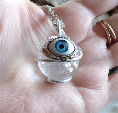 Rose Quartz Crystal Necklace with Engraved Evil Eye Detail