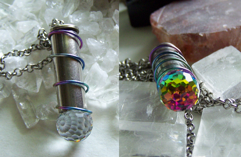 Swarovski Crystal Faceted Rainbow Disco Ball Silver Bullet Necklace