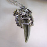 Silver Wyvern Dragon Natural Gold Sheen Obsidian Horn Pendant Necklace