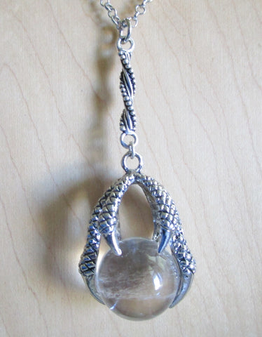 Natural Clear Quartz Crystal Ball Dragon's Claw Pendant Necklace
