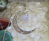 Filigree Crescent Moon Lavender Fluorite Crystal Ball Pendant Necklace