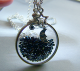 Cosmic Metallic Blue Floating Crystals Double Sided Glass Locket