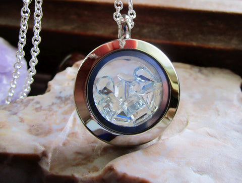 Aquamarine Gemstone Double Sided Floating Crystals Locket Pendant Necklace