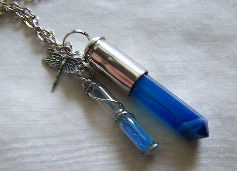 Blue Agate Bullet Pendant with Dragonfly and Tiny Hourglass