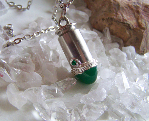 Jade Green Glass Silver Bullet Jewelry Pendant