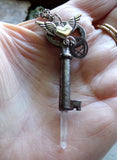 Antique Skeleton Key with Winged Heart and Quartz Crystal Point Pendant
