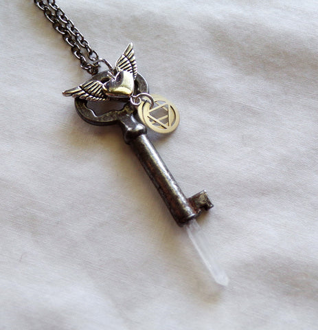 Antique Bronze Skeleton Key Necklace Swirly Key Pendant 