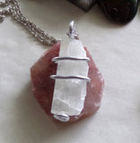 Natural Kunzite Gemstone Wire Wrapped Crystal Pendant Necklace