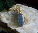 Natural Blue Kyanite Gold Wrapped Gemstone Pendant Necklace