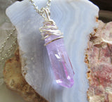 Lavender Aura Quartz Crystal Wire Wrapped Pendant Necklace