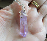 Lavender Aura Quartz Crystal Wire Wrapped Pendant Necklace