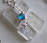 Frosted Blue Mermaid Glass Silver Shell Pendant Necklace