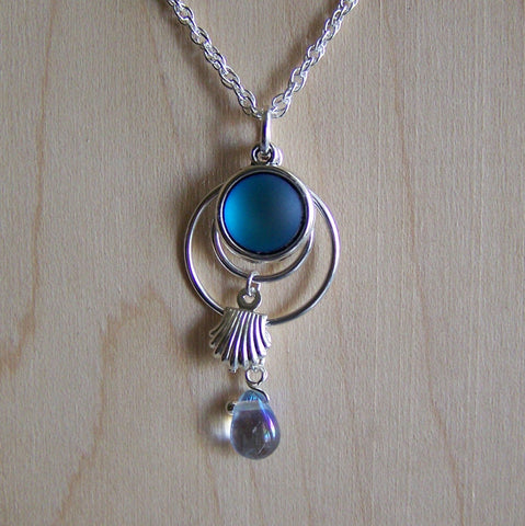 Frosted Blue Mermaid Glass Silver Shell Pendant Necklace