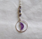 Amethyst Crystal Moon Purple Iolite Silver Circle Pendant Necklace