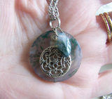 Moss Agate Mandala Disc Earth Element Pendant Necklace