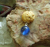 Netsuke Cat Carved Bead with Blue Cat's Eye Marble Pendant Necklace
