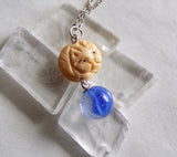 Netsuke Cat Carved Bead with Blue Cat's Eye Marble Pendant Necklace