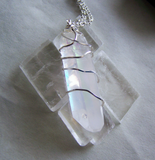 Opal Aura Large Quartz Crystal Point Wire Wrapped Pendant Necklace