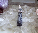Natural Pinolith Black and White Stone Wire Wrapped Pendant Necklace