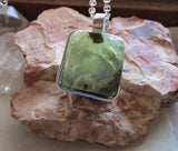 Natural Green Prehnite Crystal Cube Wire Wrapped Pendant Necklace