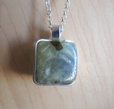 Natural Green Prehnite Crystal Cube Wire Wrapped Pendant Necklace