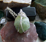 Natural Green Prehnite Wire Wrapped Pendant Necklace